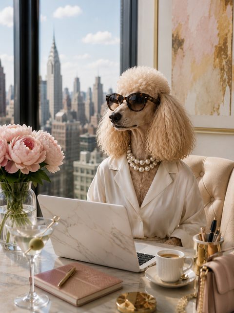 A poodle in sunglasses and pearls at a marble desk above the Manhattan skyline