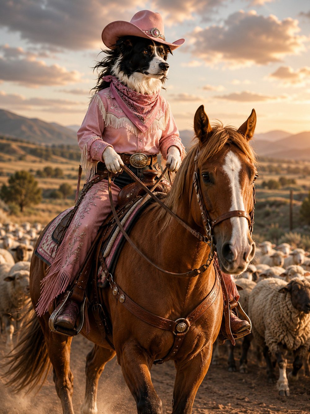 A Border Collie in a pink cowgirl outfit on horseback, herding sheep at sunset