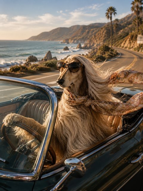 An Afghan Hound in sunglasses driving a convertible along a coast road