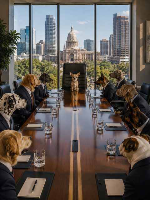 A Chihuahua at the head of a long boardroom table, surrounded by dogs in suits
