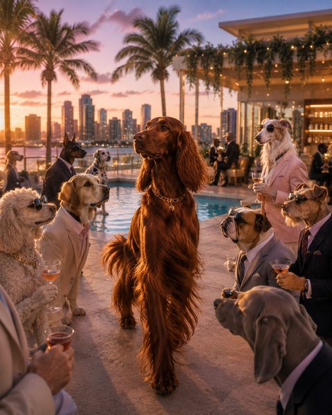 An Irish Setter standing in the middle of a rooftop party at dusk while other dogs look on
