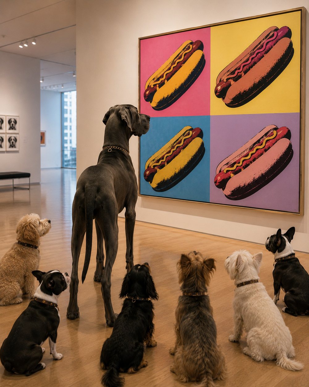 A Great Dane studying a pop-art painting of hot dogs while smaller dogs watch