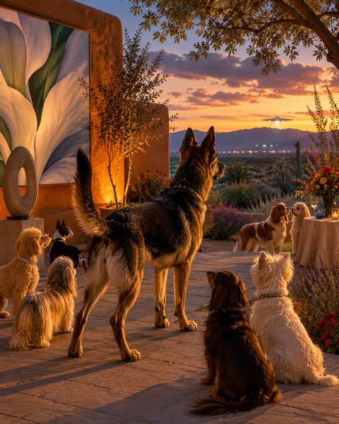 A German Shepherd on a desert patio at sunset with other dogs gathered behind her