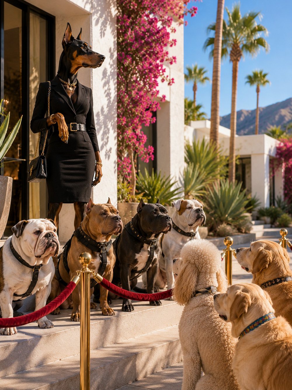 A Doberman in a black dress holding a velvet rope as bulldogs, poodles and retrievers wait