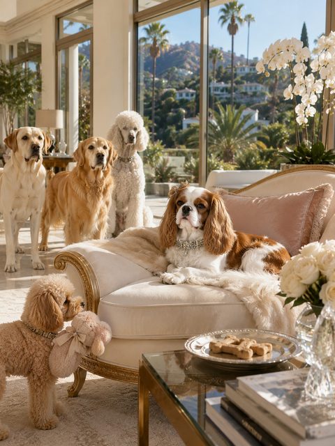 A Cavalier King Charles Spaniel on a cream chaise while golden retrievers and a poodle look on