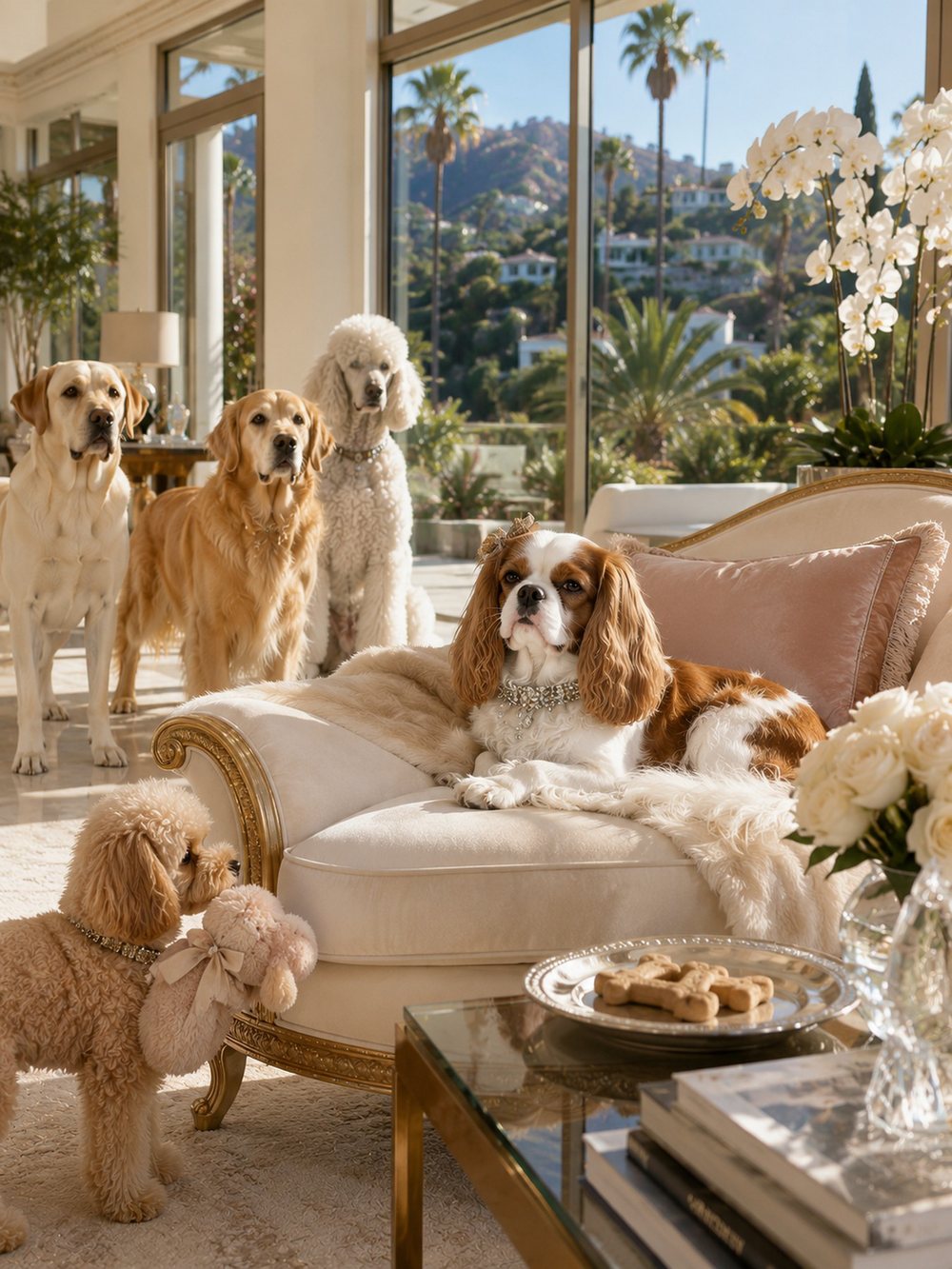 A Cavalier King Charles Spaniel on a cream chaise while golden retrievers and a poodle look on