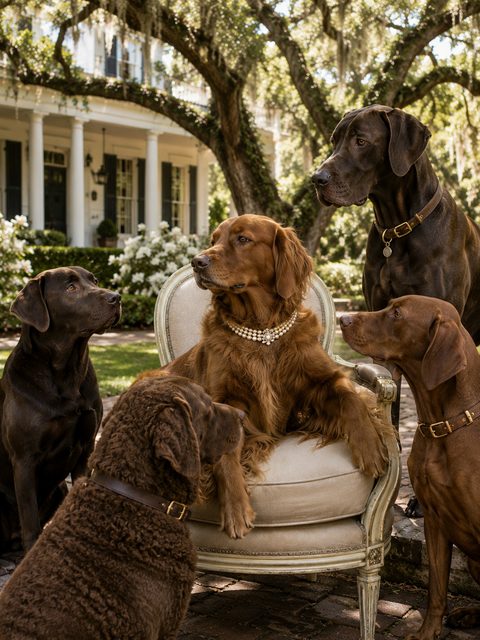 A golden retriever seated in an armchair beneath live oaks, with labradors gathered around