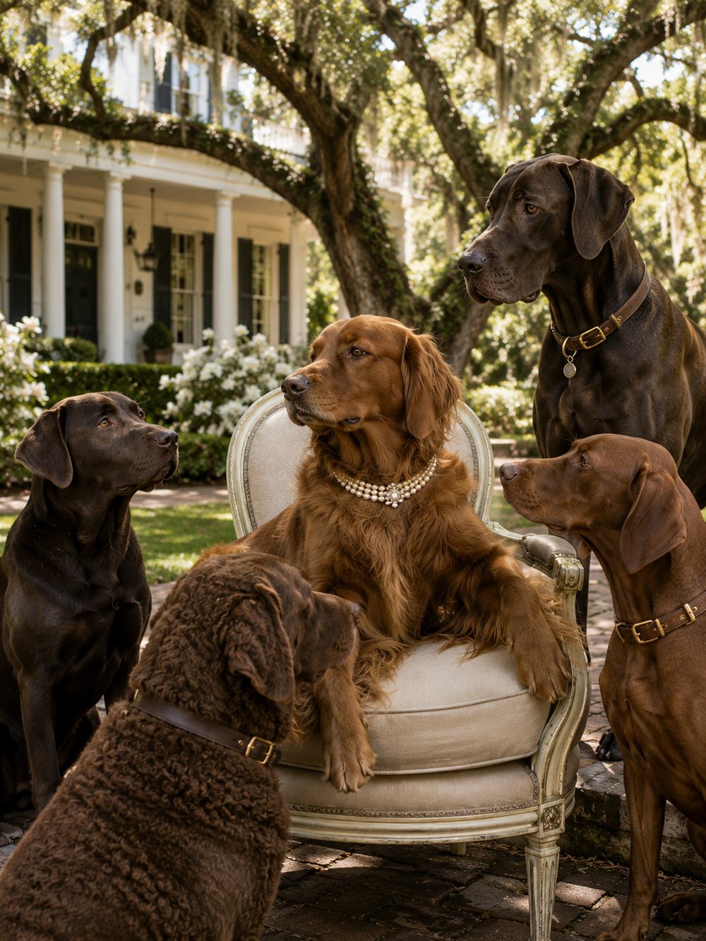 A golden retriever seated in an armchair beneath live oaks, with labradors gathered around