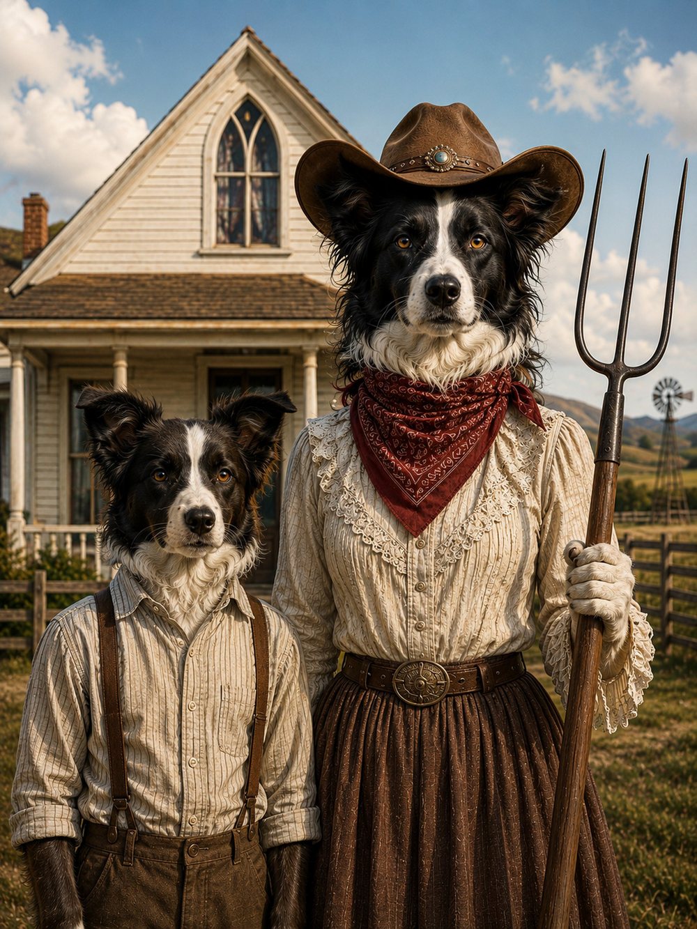 Two Border Collies in farm clothes in front of a white farmhouse, one holding a pitchfork