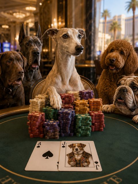 A whippet at a poker table behind a stack of chips, with an ace and a jack face up