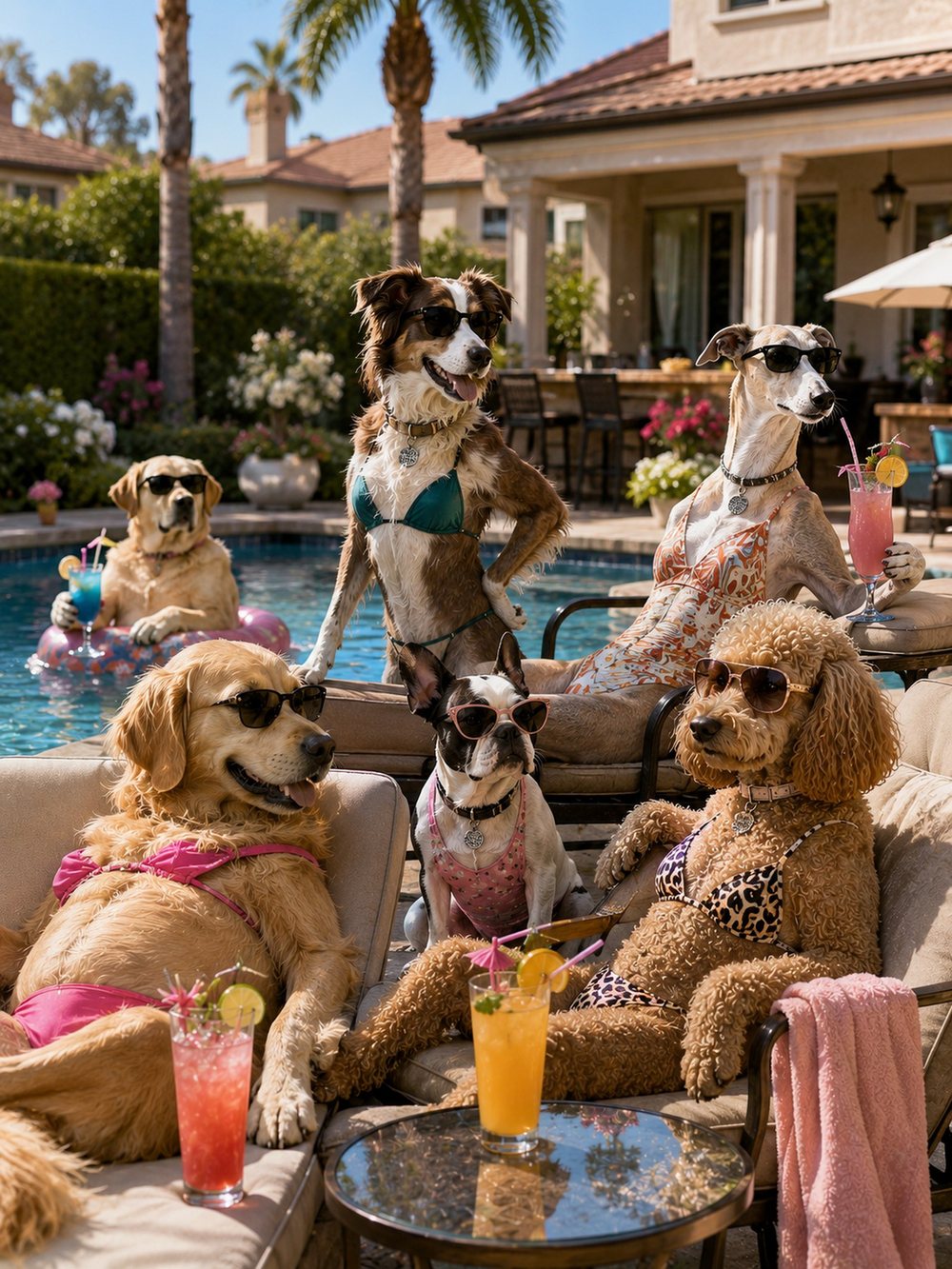 Dogs in sunglasses and swimsuits lounging by a pool with cocktails