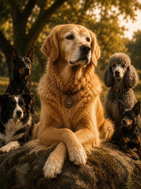 A golden retriever on a boulder in golden light, with a Doberman, a poodle and Border Collies behind her