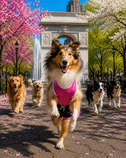 A Collie in a pink running top crossing a finish line in a spring park beneath the Washington Square arch
