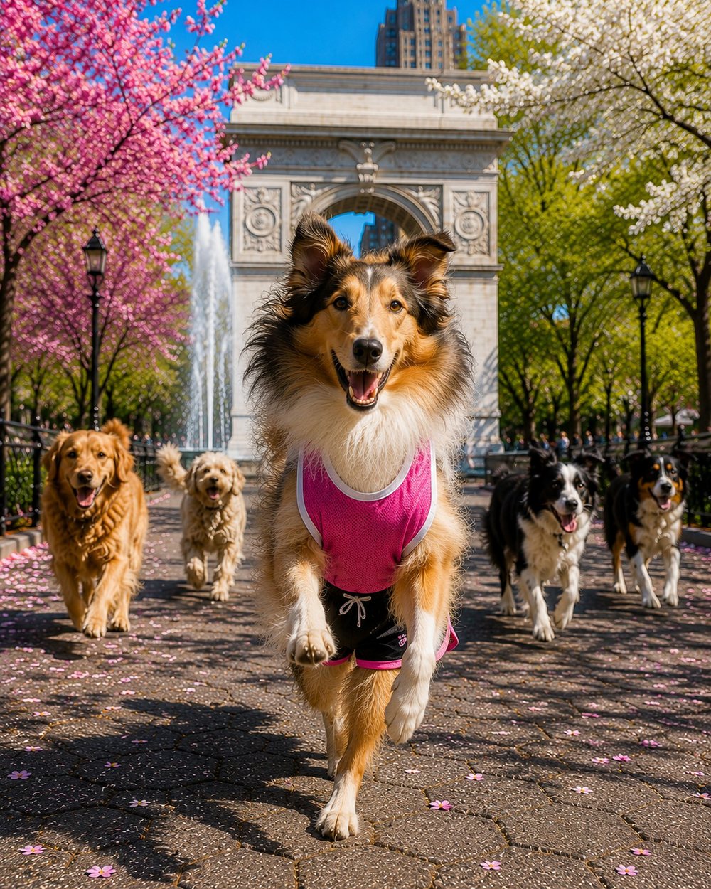 A Collie in a pink running top crossing a finish line in a spring park beneath the Washington Square arch