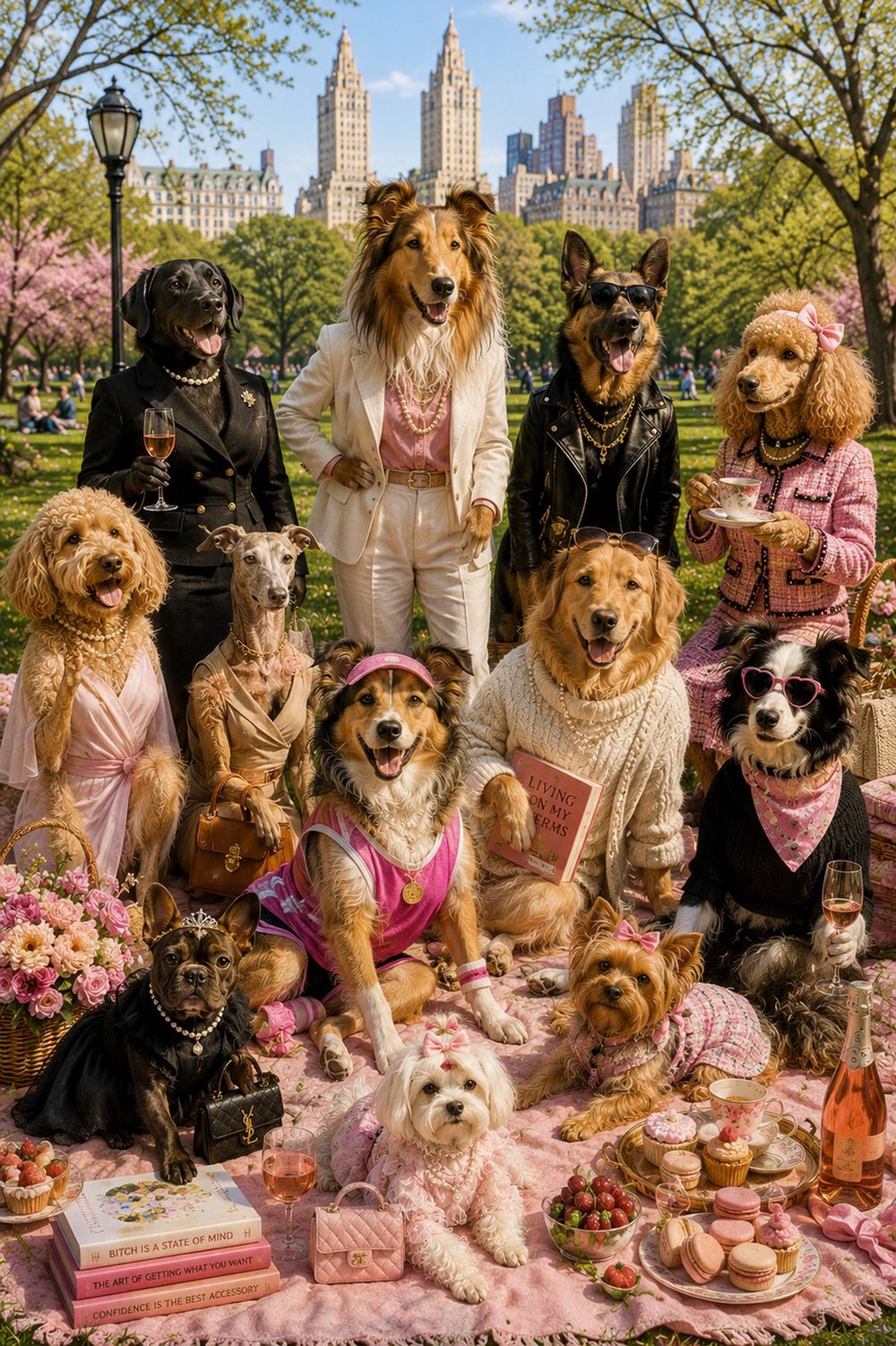 A pack of dogs at a pink picnic on a city park lawn