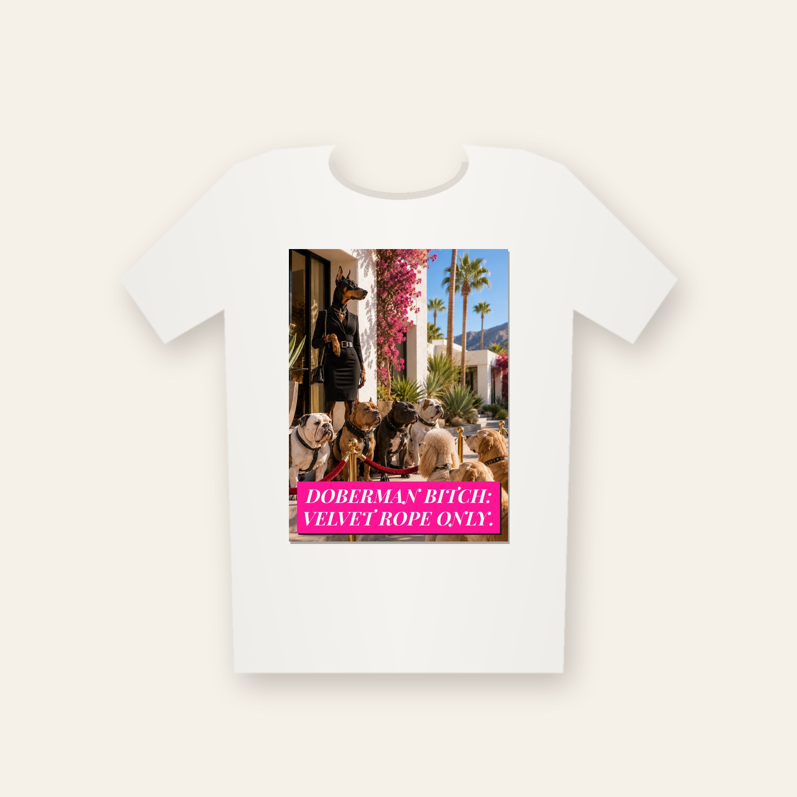 Tee printed with Doberman Bitch: Velvet Rope Only.