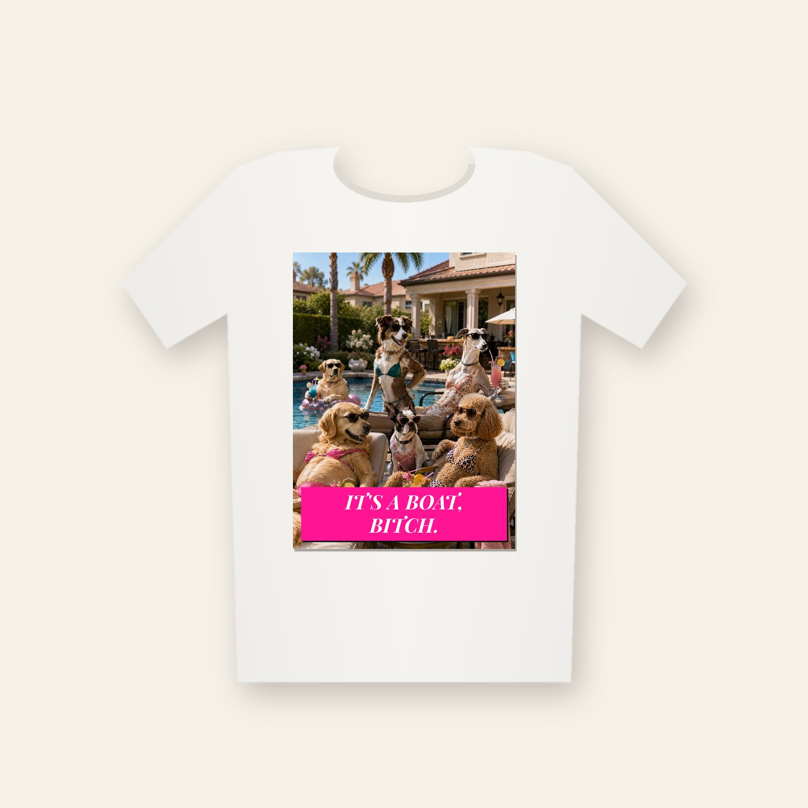 Tee printed with It's a Boat, Bitch.
