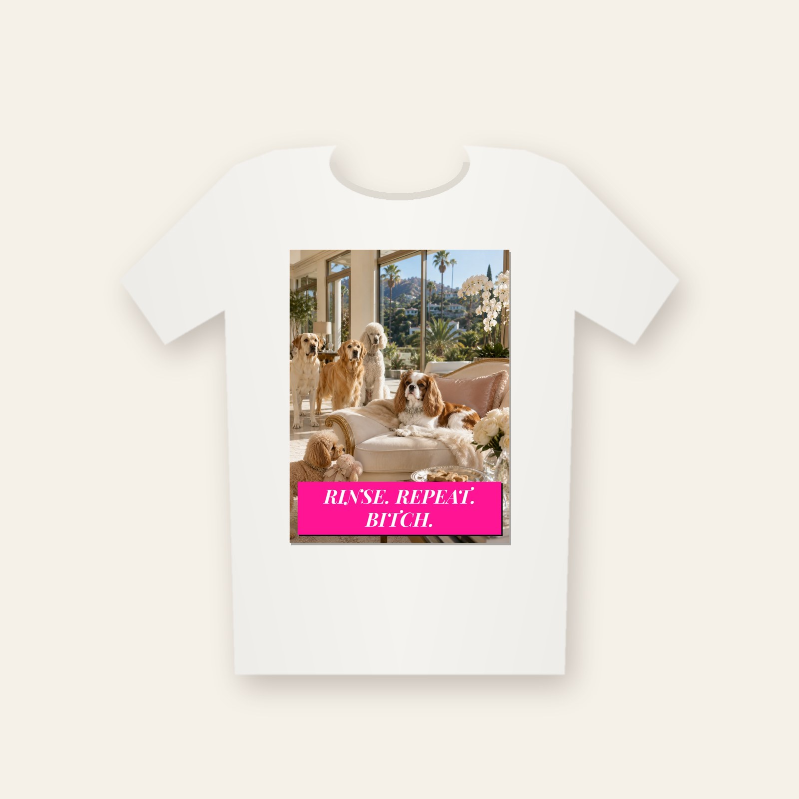 Tee printed with Rinse. Repeat. Bitch.
