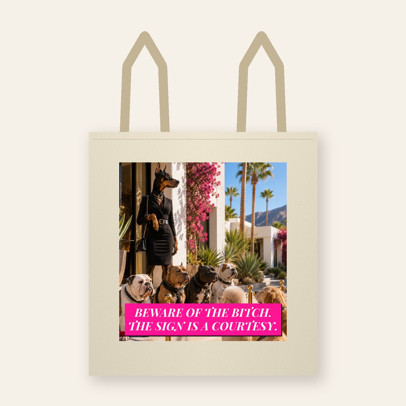 Tote printed with Beware of the Bitch. The Sign Is a Courtesy.