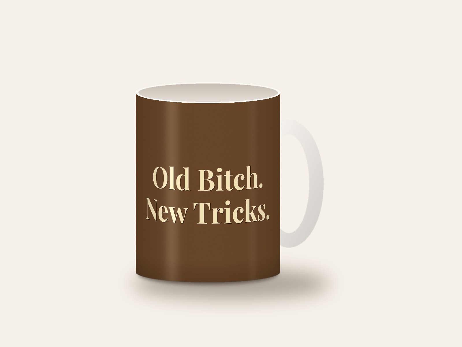 White mug printed with the design Old Bitch. New Tricks.