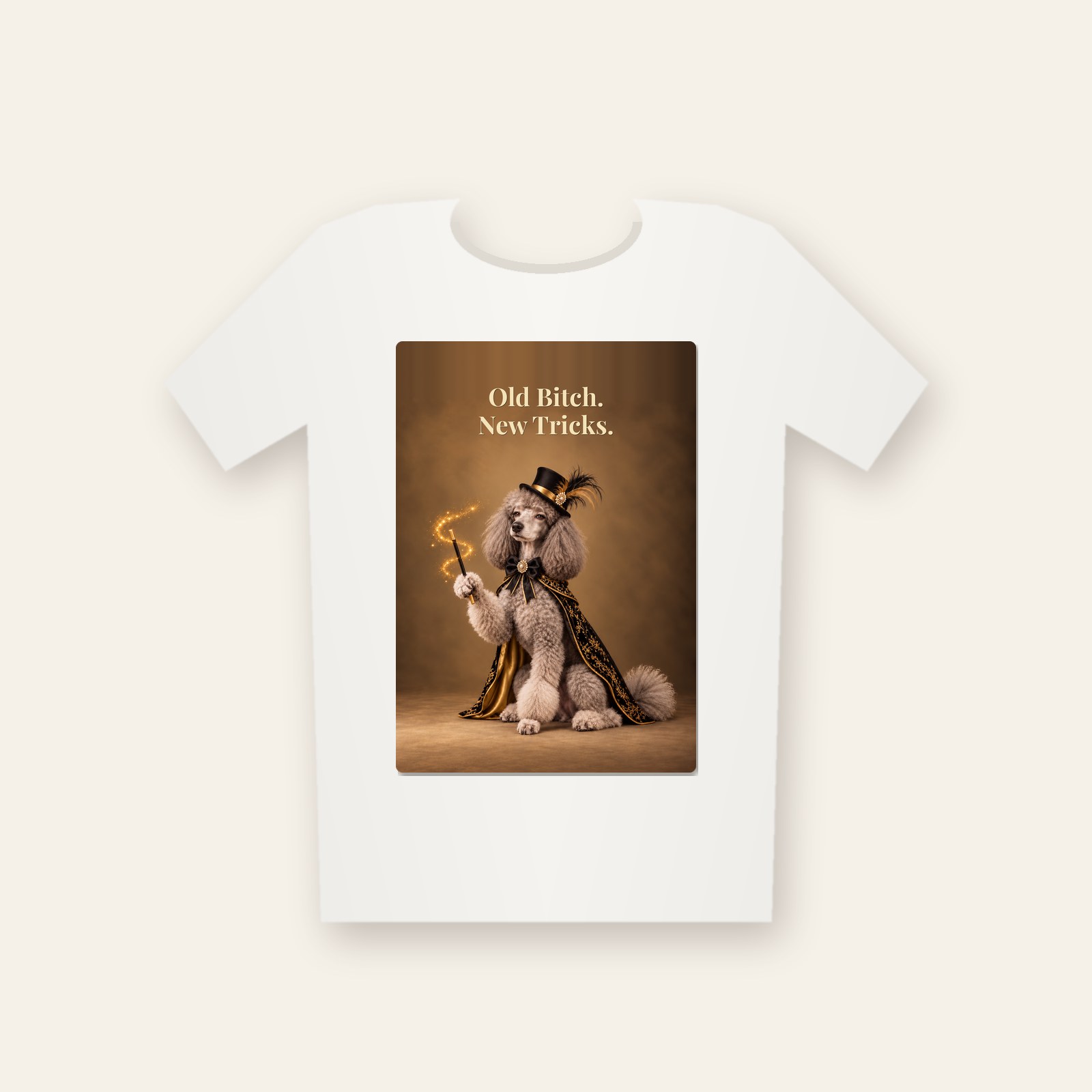 White tee printed with the design Old Bitch. New Tricks.