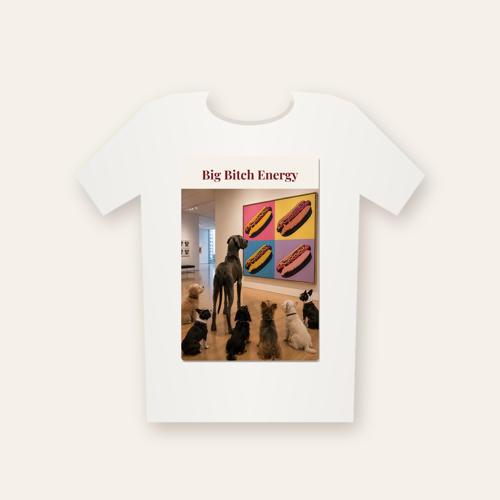 White tee printed with the design Big Bitch Energy