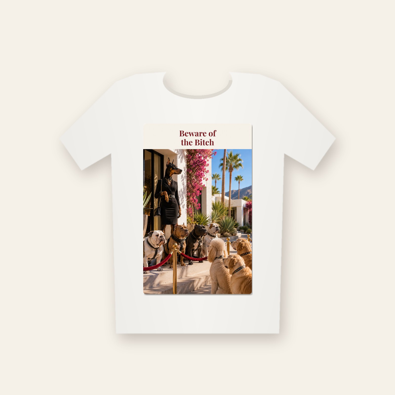 White tee printed with the design Beware of the Bitch