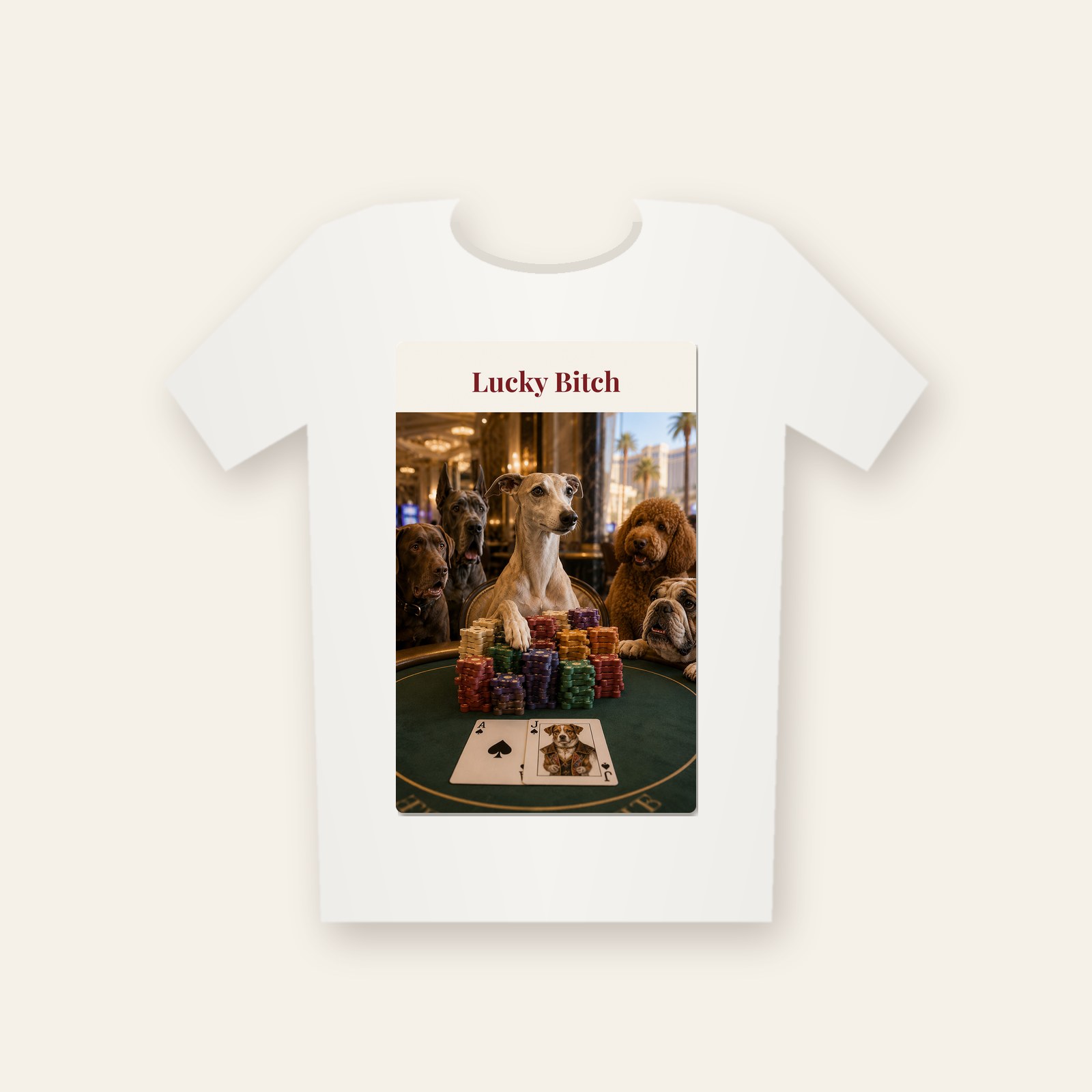 White tee printed with the design Lucky Bitch